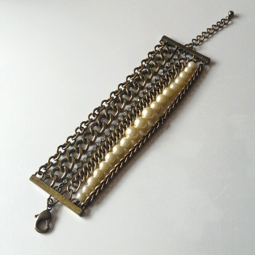Vintage Bracelet Wide Heavy Pearls Chains Brass Colour Trendy